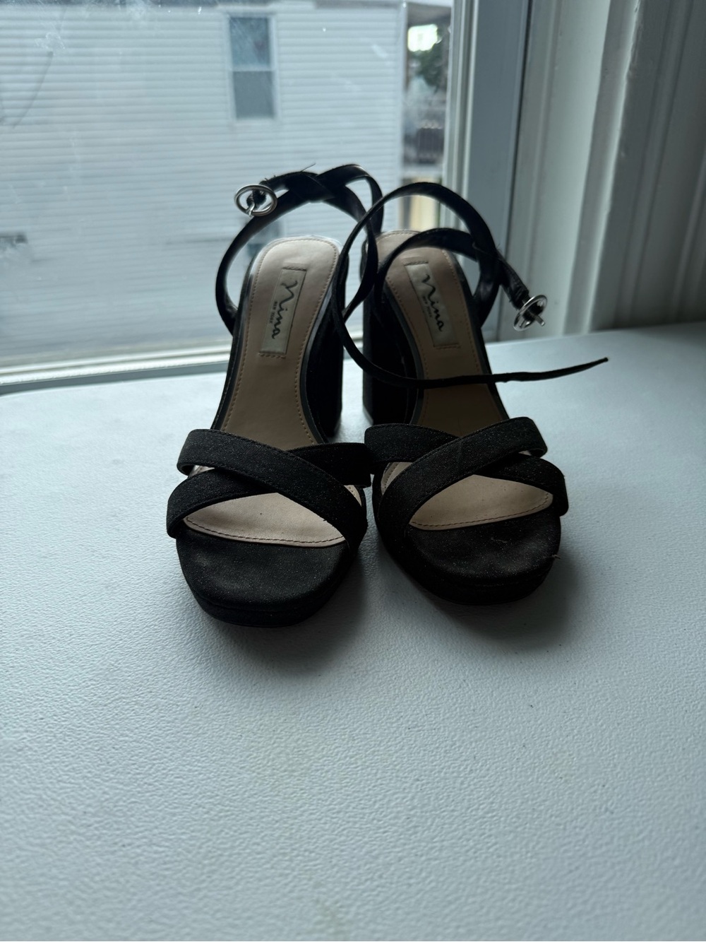 Ina Black Crisscross Ankle-Strap Platform Heels